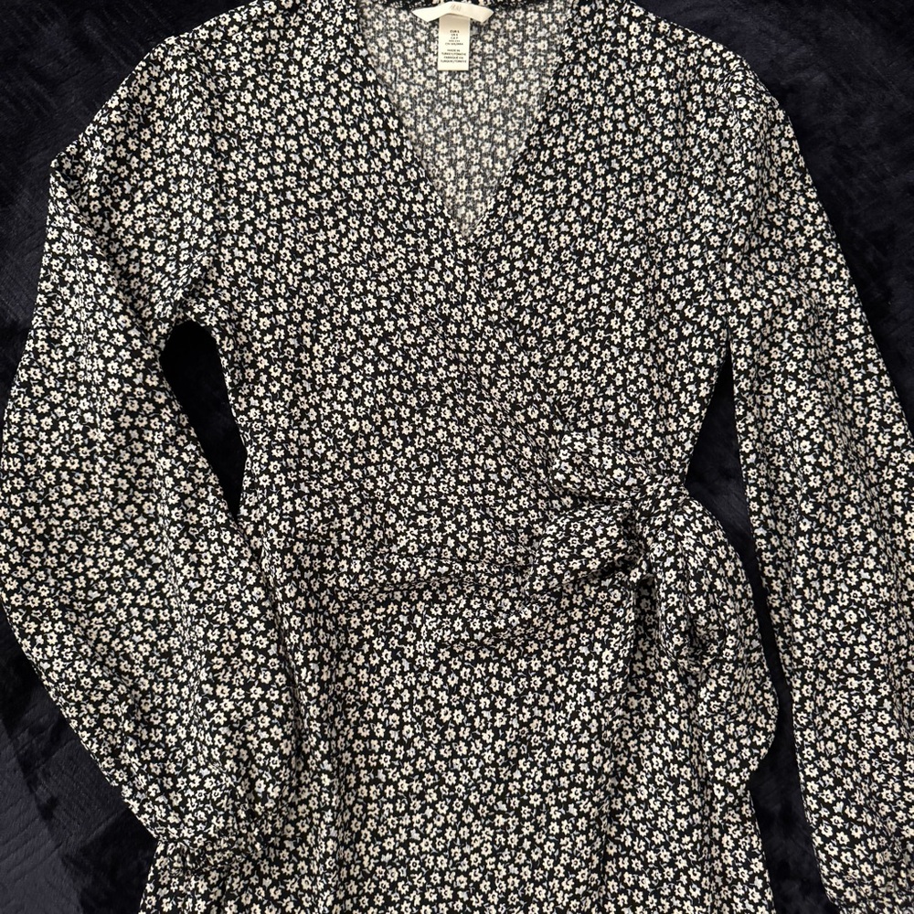 H&M Floral Midi Wrap Dress with Balloon Sleeves